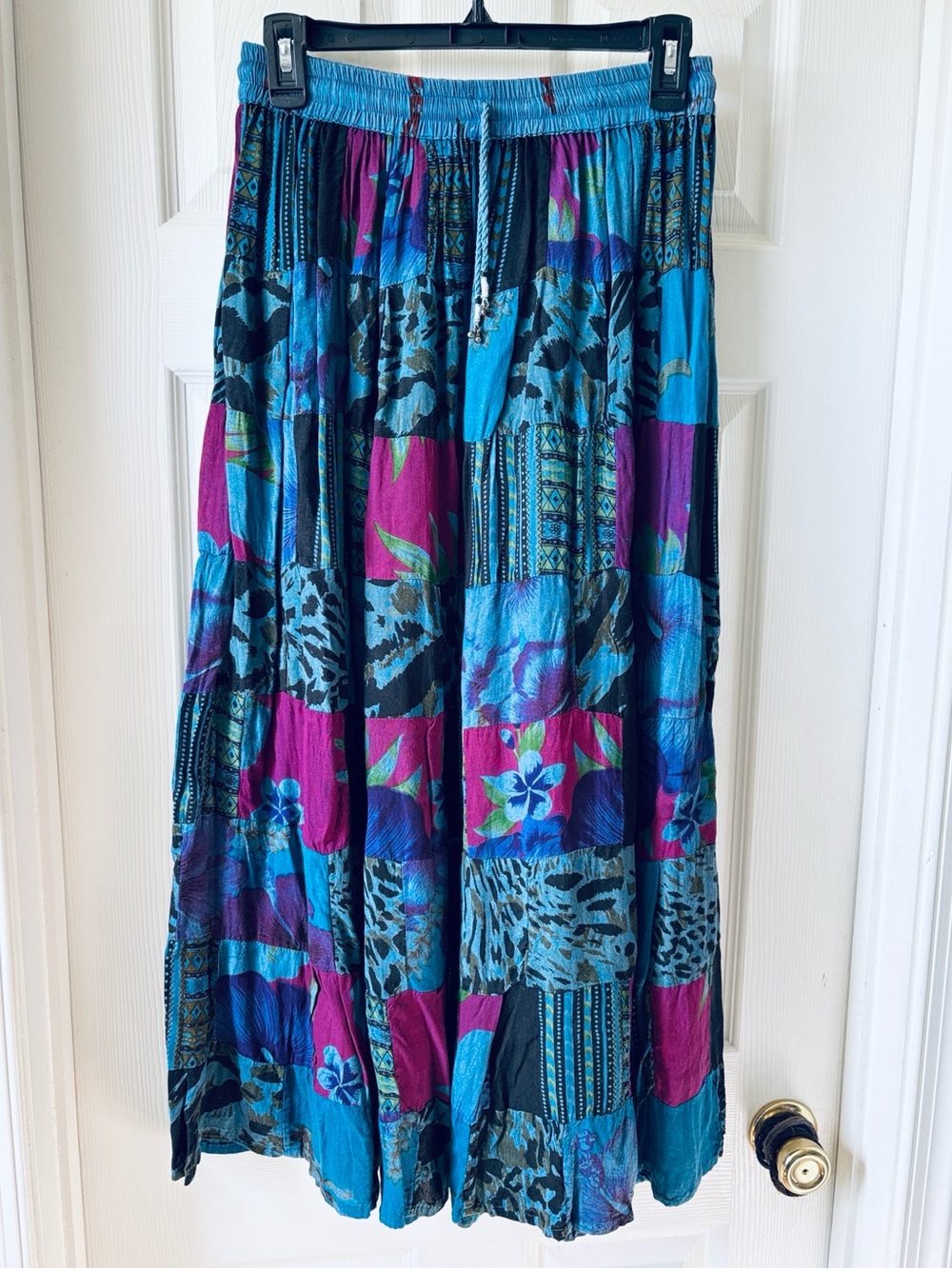 Patchwork Maxi Skirt in Teal, Magenta & Black